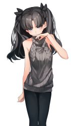 Rule 34 | 1girl, alternate costume, bare shoulders, black bow, black hair, black pantyhose, blue eyes, bow, breasts, fate/stay night, fate (series), finger to mouth, hair bow, long hair, looking at viewer, meme attire, pantyhose, pokan (xz1128), simple background, solo, sweater, tohsaka rin, turtleneck, turtleneck sweater, twintails, two side up, virgin killer sweater, white background
