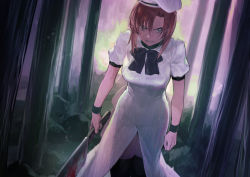 Rule 34 | 1girl, angry, bamboo, beret, black thighhighs, blood, blue eyes, bow, breasts, brown hair, clenched hands, clenched teeth, colored skin, dress, dutch angle, forest, glaring, groin, hat, hatchet, higurashi no naku koro ni, holding, holding weapon, ikuchan kaoru, looking at viewer, multicolored skin, nata (tool), nature, open mouth, outdoors, parted bangs, puffy short sleeves, puffy sleeves, purple bow, ryuuguu rena, serious, short hair, short sleeves, solo, standing, teeth, thighhighs, weapon, white dress, white hat, wristband