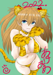 Rule 34 | 1girl, 2022, alternate breast size, animal ears, animal hands, animal print, bikini, blue eyes, breasts, brown hair, chinese zodiac, curvy, fake animal ears, fang, green background, large breasts, lips, long hair, looking at viewer, micro bikini, navel, neon genesis evangelion, osaru, paw pose, simple background, solo, souryuu asuka langley, swimsuit, thong, thong bikini, tiger ears, tiger paws, tiger print, twintails, two side up, wide hips, year of the tiger