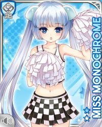 Rule 34 | 1girl, blue background, blue eyes, blunt bangs, card, character name, checker pattern, cheerleader, girlfriend (kari), miss monochrome, miss monochrome (character), official art, open mouth, pom pom (cheerleading), qp:flapper, school uniform, shirt, skirt, solo, tagme, thighhighs, twintails, white footwear, white hair, white shirt