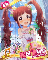 Rule 34 | 10s, 1girl, alternate costume, beamed quavers, bouquet, bride, brown eyes, brown hair, card (medium), character name, character signature, dress, earrings, flower, hair flower, hair ornament, idolmaster, idolmaster million live!, jewelry, jpeg artifacts, matsuda arisa, musical note, necklace, official art, signature, solo, twintails, wedding dress