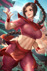 Rule 34 | 1girl, avatar: the last airbender, avatar legends, blurry, blurry background, braid, braided ponytail, brown eyes, brown hair, crop top, highres, looking to the side, navel, neoartcore, open mouth, single braid, smile, solo, stomach, toned, ty lee, wristband
