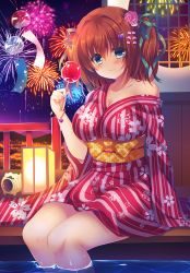 Rule 34 | 1girl, blue eyes, blush, breasts, brown hair, candy apple, cleavage, closed mouth, fireworks, floral print, food, green ribbon, hair ornament, hair ribbon, head tilt, holding, holding food, japanese clothes, kanzashi, kimono, lantern, large breasts, obi, off shoulder, original, outdoors, paper lantern, partially submerged, railing, ribbon, sash, sitting, sleeves past wrists, smile, soaking feet, solo, suzunone rena, twintails, two side up, water, wind chime