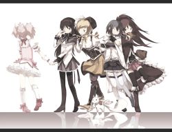 Rule 34 | 10s, 5girls, akemi homura, bad id, bad pixiv id, black hair, blonde hair, blue hair, boots, ciel arc, holding hands, kaname madoka, kyubey, letterboxed, long hair, magical girl, mahou shoujo madoka magica, mahou shoujo madoka magica (anime), miki sayaka, mouth hold, multiple girls, pink hair, ponytail, red hair, sakura kyoko, short hair, skirt, smile, tears, thigh boots, thighhighs, tomoe mami, twintails