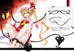 Rule 34 | 1girl, ascot, ball and chain restraint, barefoot, bespectacled, black-framed eyewear, blonde hair, bloomers, chain, flandre scarlet, glasses, hat, laevatein, long hair, looking at viewer, nabeshima tetsuhiro, open mouth, red eyes, semi-rimless eyewear, side ponytail, solo, touhou, under-rim eyewear, underwear, wings