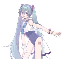 Rule 34 | 1girl, :d, absurdres, aqua hair, bare shoulders, blue eyes, blue necktie, blue sailor collar, blush stickers, body writing, cowboy shot, crop top, cropped shirt, hair between eyes, hand on own leg, hatsune miku, highres, leaning, leaning to the side, long hair, looking at viewer, necktie, one-piece swimsuit, open mouth, outstretched arm, purple one-piece swimsuit, rennrenn214, sailor collar, shirt, short necktie, simple background, single wrist cuff, sketch, sleeveless, sleeveless shirt, smile, solo, split mouth, standing, swimsuit, tie clip, twintails, very long hair, vocaloid, white background, white shirt, wrist cuffs