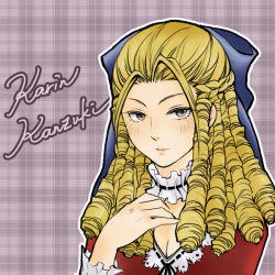 Rule 34 | 1girl, alternate costume, antenna hair, blonde hair, blush, bow, breasts, brown eyes, character name, choker, cleavage, drill hair, hair bow, hair slicked back, kanzuki karin, long hair, looking at viewer, plaid, plaid background, ringlets, smile, solo, street fighter, upper body, wenny aries