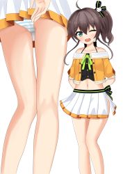 Rule 34 | 1girl, absurdres, ahoge, arms behind back, ass, bare shoulders, blush, brown hair, collarbone, from below, green eyes, hair ribbon, highres, hololive, looking at viewer, mitsuboshi nuko, multiple views, natsuiro matsuri, navel, one eye closed, open mouth, panties, ribbon, side ponytail, skirt, solo, striped clothes, striped panties, underwear, upskirt, virtual youtuber, white background, wink