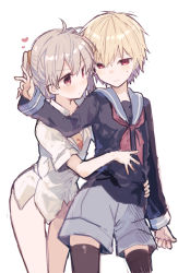 Rule 34 | 1boy, 1girl, ahoge, bad id, bad pixiv id, black shirt, black thighhighs, blonde hair, blue sailor collar, character request, collared shirt, grey shorts, hair between eyes, heart, ikeuchi tanuma, long sleeves, neckerchief, neon genesis evangelion, no pants, red neckerchief, sailor collar, shirt, short shorts, shorts, simple background, tabris-xx, thighhighs, two side up, white background, white shirt