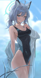 Rule 34 | 1girl, absurdres, ahoge, animal ear fluff, animal ears, bare shoulders, black one-piece swimsuit, blue archive, blurry, blurry background, breasts, breasts apart, closed mouth, cloud, collarbone, competition swimsuit, cowboy shot, cross hair ornament, fingernails, grey eyes, grey hair, groin, hair between eyes, hair ornament, twirling hair, halo, hand up, highres, jacket, light blush, long fingernails, long hair, long sleeves, low ponytail, one-piece swimsuit, one eye closed, parted bangs, shiroko (blue archive), shiroko (swimsuit) (blue archive), short ponytail, sideboob, small breasts, solo, standing, swimsuit, swimsuit under clothes, thighs, wet, white jacket, zutsuyaku