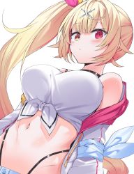 Rule 34 | 1girl, :o, arm ribbon, black choker, blonde hair, blue ribbon, breasts, choker, commentary request, crop top, drawstring, from below, front-tie top, hair ornament, heterochromia, highres, hoshikawa sara, hoshikawa sara (1st costume), jacket, kuhotaka, large breasts, long hair, long sleeves, looking at viewer, looking down, navel, nijisanji, off shoulder, open clothes, open jacket, parted lips, red eyes, ribbon, shirt, side ponytail, simple background, solo, stomach, thong, tied shirt, upper body, very long hair, virtual youtuber, white background, white jacket, x hair ornament, yellow eyes