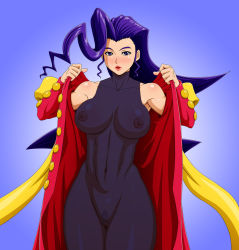 Rule 34 | bodysuit, breasts, capcom, dress, female pubic hair, highres, large breasts, makani kohitujito, nipples, pubic hair, purple eyes, purple hair, rose (street fighter), scarf, see-through, solo, street fighter, uncensored, undressing