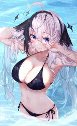 Rule 34 | 1girl, absurdres, ahoge, armpits, arms up, bikini, black bikini, black hair, black hairband, blush, breasts, cleavage, closed mouth, collarbone, commentary request, hairband, highres, indie virtual youtuber, kamikurai leto, large breasts, long hair, looking at viewer, mole, mole under eye, multicolored hair, navel, purple eyes, side-tie bikini bottom, smile, solo, stomach, streaked hair, swimsuit, two-tone hair, virtual youtuber, wading, water, white hair, yu lei