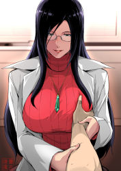 Rule 34 | 1girl, grabbing another&#039;s breast, breasts, capcom, glasses, grabbing, greco roman (spiral brain), guided breast grab, guiding hand, highres, indoors, jewelry, justice gakuen, lab coat, large breasts, lipstick, long hair, looking at viewer, makeup, male hand, minazuki kyouko, necklace, parted lips, pendant, pov, purple hair, red lips, ribbed sweater, sweat, sweater, teacher