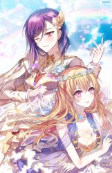 Rule 34 | 2girls, ;), artist name, bang dream!, blonde hair, blue flower, blue rose, boutonniere, breasts, bug, butterfly, cleavage, clenched hand, day, dress, fairy wings, flower, flower necklace, formal, hair down, half updo, hand on own chest, hand up, head wreath, insect, jewelry, long hair, long sleeves, looking at viewer, multiple girls, necklace, nennen, one eye closed, outdoors, parted lips, pink eyes, purple hair, rainbow, rose, seta kaoru, shirasagi chisato, smile, suit, white suit, wing hair ornament, wings