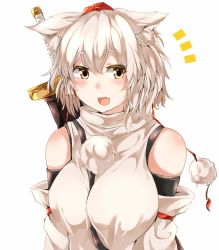 Rule 34 | 1girl, :d, animal ear fluff, animal ears, bare shoulders, between breasts, blush, breasts, detached sleeves, fang, hair between eyes, hat, high collar, highres, houkai (collapse illust), inubashiri momiji, large breasts, looking at viewer, medium hair, open mouth, pom pom (clothes), sheath, sheathed, shirt, short hair, silver hair, simple background, sleeveless, sleeveless shirt, smile, solo, sword, sword behind back, tokin hat, touhou, upper body, weapon, white background, wolf ears, yellow eyes