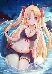Rule 34 | 1girl, bare arms, bare legs, bare shoulders, barefoot, bikini, black bikini, blonde hair, blush, bow, breasts, cleavage, cloud, collarbone, commentary request, ereshkigal (fate), fate/grand order, fate (series), full body, groin, hair ribbon, highres, jewelry, lifted by self, long hair, looking at viewer, medium breasts, navel, night, night sky, outdoors, pendant, red bow, red eyes, red ribbon, renka (cloudsaikou), ribbon, sand, seiza, sitting, skindentation, sky, smile, solo, star (sky), starry sky, stomach, swimsuit, thigh strap, thighs, two side up, very long hair, wading, water