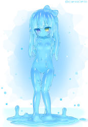 Rule 34 | 1girl, absurdres, barefoot, blue bow, blue hair, blue skin, blush, bow, closed mouth, colored skin, curss, dot mouth, dot nose, flat chest, full body, hair bow, heterochromia, highres, long hair, monster girl, navel, nude, original, purple eyes, slime girl, solo, standing, twitter username, yellow eyes