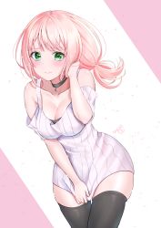 Rule 34 | 10s, 1girl, bang dream!, black collar, black thighhighs, blush, breasts, cleavage, clothing cutout, collar, collarbone, green eyes, hand in own hair, highres, large breasts, lock, long hair, looking at viewer, low twintails, padlock, padlocked collar, pink hair, shirt, shirt tug, shoulder cutout, signature, skindentation, smile, solo, standing, star (symbol), thighhighs, twintails, uehara himari, user fdgu5325, white shirt