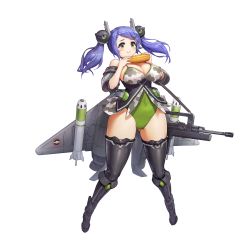 Rule 34 | 1girl, assault rifle, black thighhighs, blue hair, blush, boots, breasts, bullpup, cleavage, corn, djinnia (last origin), eating, famas, food, full body, game cg, green eyes, gun, highres, large breasts, last origin, leotard, missile, official art, rifle, sima (startwitch), skindentation, solo, tachi-e, thighhighs, transparent background, twintails, weapon, wings