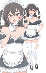 Rule 34 | 1girl, :o, absurdres, alternate costume, black hair, blush, breasts, choker, cleavage, collarbone, cross, cross earrings, cross necklace, dress, earrings, enmaided, frilled choker, frilled dress, frills, full body, gloves, hand on own hip, highres, holding, holding mask, idolmaster, idolmaster cinderella girls, jewelry, looking at viewer, maid, mask, mask pull, mole, mole under eye, necklace, off-shoulder dress, off shoulder, sharp teeth, simple background, sunazuka akira, teeth, thighhighs, two-tone dress, two side up, wasabijoyu76, wavy mouth, white background, white gloves, white mask, white thighhighs, zoom layer