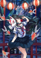 Rule 34 | 1girl, air bubble, black hair, candy apple, fish, food, forest, fox mask, goldfish, highres, holding, holding food, lantern, long hair, looking at viewer, mask, mask on head, nature, neckerchief, original, outdoors, paper lantern, parted lips, pleated skirt, red eyes, school uniform, serafuku, short sleeves, skirt, solo, stairs, tree, underwater, waichi2424