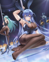 Rule 34 | 2girls, :p, absurdly long hair, absurdres, animal ears, aqua hair, aqua necktie, arm strap, arm up, armpits, ass, azur lane, bare shoulders, bird, black leotard, black pantyhose, blue eyes, blue hair, blue leotard, blush, bodystocking, boise (azur lane), boise (sheepish sapphire) (azur lane), braid, breasts, chick, cleavage, commentary, detached sleeves, fake animal ears, full body, glowstick, hair between eyes, covering own mouth, high heels, highres, holding, holding glowstick, holding pole, indoors, large breasts, leotard, long hair, looking at viewer, manjuu (azur lane), multiple girls, necktie, new jersey (azur lane), new jersey (exhilarating steps!) (azur lane), nightclub, official alternate costume, pantyhose, playboy bunny, pole, pole dancing, pumps, rabbit ears, see-through, see-through cleavage, shadow, shoes, unworn shoes, sidelocks, sitting, smile, stage lights, standing, standing on one leg, stiletto heels, strapless, strapless leotard, stripper pole, thighband pantyhose, tongue, tongue out, very long hair, wrist cuffs, yellow eyes, yokozuwari, zzo (chorizzzzo)