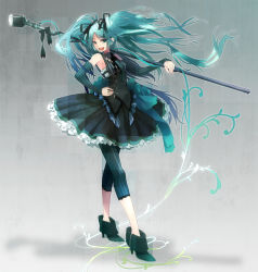 Rule 34 | 1girl, ankle boots, aqua eyes, aqua hair, boots, detached sleeves, dress, hair ribbon, hatsune miku, highres, leggings, long hair, microphone, microphone stand, plastick, ribbon, shoes, smile, solo, twintails, very long hair, vocaloid
