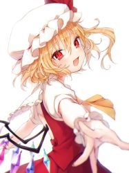 Rule 34 | 1girl, :d, ascot, bad id, bad pixiv id, blonde hair, blush, crystal, fang, flandre scarlet, frilled shirt collar, frills, hair between eyes, hat, hat ribbon, head tilt, highres, honotai, looking at viewer, mob cap, one side up, open mouth, pointy ears, puffy short sleeves, puffy sleeves, reaching, reaching towards viewer, red eyes, red ribbon, red skirt, red vest, ribbon, shirt, short hair, short sleeves, simple background, skirt, skirt set, smile, solo, touhou, upper body, vest, white background, white hat, white shirt, wings, wrist cuffs, yellow ascot