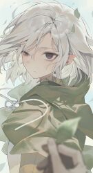 Rule 34 | 1boy, absurdres, black eyes, cape, dungeon meshi, green cape, green shirt, highres, long sleeves, male focus, maratang, mithrun, notched ear, pointy ears, shirt, short hair, simple background, solo, vest, white background, white hair, white vest