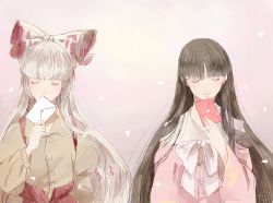 Rule 34 | 2girls, bad id, bad pixiv id, blunt bangs, bow, bowtie, brown hair, closed eyes, closed mouth, covered mouth, fujiwara no mokou, hair ribbon, hime cut, holding, holding letter, houraisan kaguya, letter, light smile, mokoiscat, multiple girls, petals, pink background, ribbon, signature, simple background, touhou, white bow, white hair, white ribbon