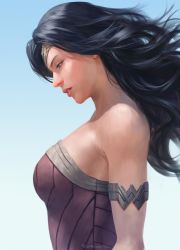 Rule 34 | 1girl, armlet, armor, artist name, bare shoulders, black hair, blue sky, breasts, day, dc comics, from side, gradient background, kamiyamark, large breasts, looking down, parted lips, realistic, revision, signature, sky, solo, strapless, superhero costume, tiara, upper body, wonder woman, wonder woman (series)