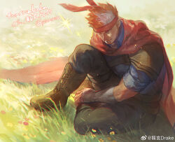 Rule 34 | 1boy, absurdres, beard, facial hair, full body, grass, headband, highres, indie virtual youtuber, knee up, large pectorals, light particles, light smile, looking at viewer, male focus, mature male, multicolored hair, muscular, muscular male, one eye closed, pants, pectorals, picnicic, red hair, red headband, ryuugen drake, scar, scar across eye, second-party source, short hair, sitting, solo, sparkle, streaked hair, sunlight, virtual youtuber, white hair, wind