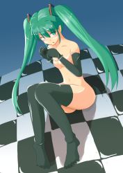 Rule 34 | 1girl, bad feet, bdsm, bondage, bound, breasts, checkered floor, cuffs, daizumi, elbow gloves, floor, gloves, green eyes, green hair, handcuffs, hatsune miku, highres, long hair, matching hair/eyes, navel, nipples, nude, small breasts, solo, thighhighs, toe socks, twintails, vocaloid