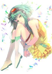 Rule 34 | 1girl, absurdres, bare shoulders, boots, commentary, cube, frilled skirt, frills, glass, goggles, goggles on head, green eyes, green hair, gumi, highres, hugging own legs, knee boots, light smile, looking at viewer, orange shirt, orange skirt, own hands together, rainbow, red goggles, rou beeswax, shirt, short hair, short hair with long locks, sidelocks, skirt, solo, vocaloid, white background, white footwear, wrist cuffs
