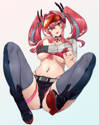 Rule 34 | 1girl, azur lane, bikini, bikini under clothes, black shorts, bow, breasts, bremerton (azur lane), clothes pull, collarbone, commentary, eyewear on head, front-tie bikini top, front-tie top, goggles, goggles on head, gradient background, grey hair, hair between eyes, hair bow, hair ornament, hairclip, head tilt, highleg, highleg bikini, highres, large breasts, long hair, looking at viewer, mole, mole on breast, mole under eye, multicolored hair, nail polish, navel piercing, nayoiro, piercing, pink bikini, pink eyes, pink hair, pink nails, pulled by self, red-tinted eyewear, shirt pull, short shorts, shorts, solo, spread legs, streaked hair, swimsuit, thigh strap, thighhighs, thighs, tinted eyewear, tongue, tongue out, twintails, two-tone hair, two-tone shirt, underboob, x hair ornament