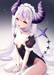 Rule 34 | 1girl, absurdres, braid, breasts, cleavage, create8, grey hair, highres, hololive, horns, la+ darknesss, long hair, looking at viewer, multicolored hair, open mouth, pointy ears, small breasts, solo, standing, streaked hair, virtual youtuber, yellow eyes