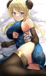 Rule 34 | 1girl, blonde hair, blue dress, blue eyes, blush, breasts, brown gloves, brown thighhighs, china dress, chinese clothes, closed mouth, clothing cutout, double bun, dress, elbow gloves, gloves, hachimiya meguru, hair bun, idolmaster, idolmaster shiny colors, large breasts, long hair, looking at viewer, lying, shiitake taishi, smile, solo, thighhighs, underboob, underboob cutout