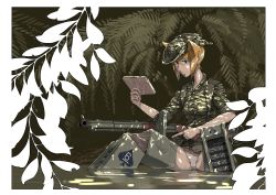 Rule 34 | 1girl, absurdres, animal ears, blonde hair, blue eyes, boonie hat, branch, camouflage, camouflage headwear, camouflage jacket, caterpillar tracks, commentary, crotch seam, dappled sunlight, green hat, green jacket, gun, hat, highres, holding, holding gun, holding map, holding weapon, jacket, kiriko works, light frown, map, no pants, original, panties, partially submerged, plant, short hair, sitting, solo, spade (shape), striker unit, sunlight, trigger discipline, underwear, vietnam war, wading, weapon, weapon request, white panties, world witches series