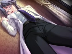 Rule 34 | 1girl, game cg, glasses, green eyes, grey hair, hell guide, indoors, m no violet, solo