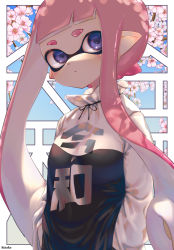 Rule 34 | 1girl, artist name, black shirt, blue sky, blunt bangs, cherry blossoms, closed mouth, clothes writing, commentary request, dappled sunlight, expressionless, head tilt, highres, inkling, inkling girl, inkling player character, kashu (hizake), long hair, looking at viewer, monster girl, nintendo, pink hair, pointy ears, purple eyes, shirt, short eyebrows, sidelocks, sky, solo, splatoon (series), standing, sunlight, tentacle hair, translation request, white shirt