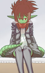 Rule 34 | 1girl, black thighhighs, blush stickers, borrowed character, breath, colored skin, dragon girl, dragon tail, green skin, half updo, hands in pockets, legs together, long hair, long pointy ears, matsuda yuusuke, monster girl, original, parka, pointy ears, red eyes, reptilian, ryuujin no senpai, scales, scarf, sidelocks, sitting, skirt, smile, solo, tail, thighhighs