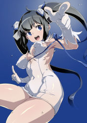 Rule 34 | 1girl, armpits, black hair, blue background, blue ribbon, breasts, chirumakuro, covered erect nipples, covered navel, dress, dungeon ni deai wo motomeru no wa machigatteiru darou ka, elbow gloves, gloves, gradient background, hair ribbon, hestia (danmachi), long hair, medium breasts, open mouth, pointing, rei no himo, ribbon, short dress, simple background, solo, sweat, thighs, twintails, very long hair, white dress, white gloves