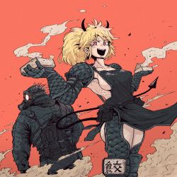 Rule 34 | 1boy, 1girl, :d, absurdres, apron, ass, ass cutout, black apron, black horns, black jacket, black pants, black tail, blonde hair, box, breasts, caiman (dorohedoro), clothing cutout, collarbone, commentary, crazy eyes, crazy smile, demon girl, demon horns, demon tail, dorohedoro, dust cloud, from behind, gas mask, glowing, glowing eyes, han gong, highres, holding, holding box, hood, hooded jacket, horns, jacket, large breasts, looking at viewer, looking back, mask, messy hair, naked apron, nikaidou (dorohedoro), open mouth, orange background, pants, red eyes, ribs, shrug (clothing), sideboob, simple background, smile, spines, standing, tail, teeth, thigh cutout, translation request, upper teeth only