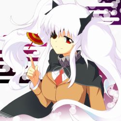 Rule 34 | 10s, 1girl, black cape, blazer, blush, breasts, cape, closed mouth, eyepatch, hair ornament, jacket, large breasts, long hair, long sleeves, looking at viewer, looking to the side, mokkei, neck ribbon, necktie, oil-paper umbrella, red eyes, red necktie, ribbon, school uniform, senran kagura, shuriken, smile, smoke, solo, twintails, umbrella, upper body, weapon, white hair, white ribbon, yagyu (senran kagura)