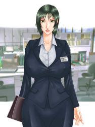 Rule 34 | 1girl, blazer, breasts, curvy, covered erect nipples, female focus, formal, green eyes, green hair, hip focus, holding, huge breasts, indoors, jacket, lipstick, makeup, matching hair/eyes, mature female, nail polish, name tag, office, office lady, shirt, short hair, skirt, solo, standing, uniform, white background, wide hips, zigzag company