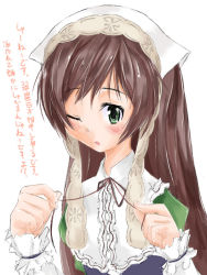 Rule 34 | 00s, 1girl, abubu, blush, bow, bowtie, brown hair, green eyes, long hair, neck ribbon, one eye closed, ribbon, rozen maiden, simple background, solo, suiseiseki, translation request, wink