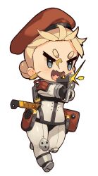 Rule 34 | 1girl, angry, beret, black gloves, blonde hair, blue eyes, bodysuit, chibi, double bun, firing, gloves, gun, hair bun, hat, holding, holding gun, holding weapon, holster, machete, open mouth, original, plugsuit, red hat, running, scabbard, sheath, solo, two-handed, v-shaped eyebrows, vins-mousseux, weapon, white bodysuit