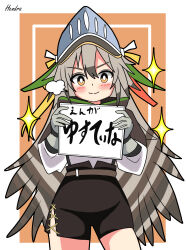 Rule 34 | 1girl, absurdres, arknights, black capelet, black shorts, blush, border, brown eyes, capelet, closed mouth, cowboy shot, fartooth (arknights), feather hair, gloves, grey gloves, grey hair, hair between eyes, hendra, high-waist shorts, highres, holding, holding sign, inset border, long hair, long sleeves, looking at viewer, orange background, outside border, puff of air, shirt, shirt tucked in, shorts, sidelocks, sign, simple background, smile, solo, sparkle, straight-on, v-shaped eyebrows, visor (armor), white border, white shirt