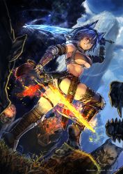 Rule 34 | 1girl, absurdres, animal ears, ass, bandeau, black panties, blue eyes, blue hair, boar, boots, dual wielding, elbow gloves, fighting stance, flaming sword, flaming weapon, gauntlets, gloves, grin, highres, holding, holding sword, holding weapon, komota (kanyou shoujo), looking at viewer, monster, original, panties, red eyes, shirt, smile, solo, standing, strapless, sword, tail, tied shirt, tube top, underwear, weapon, wolf ears, wolf tail